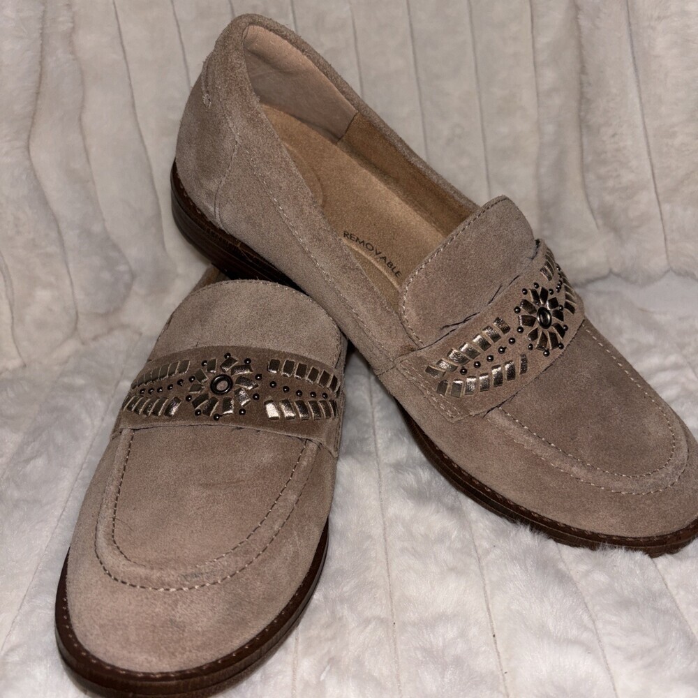 Brioso Taupe Suede Loafers Embellished Trim Comfort Insole 7 M Preppy Office